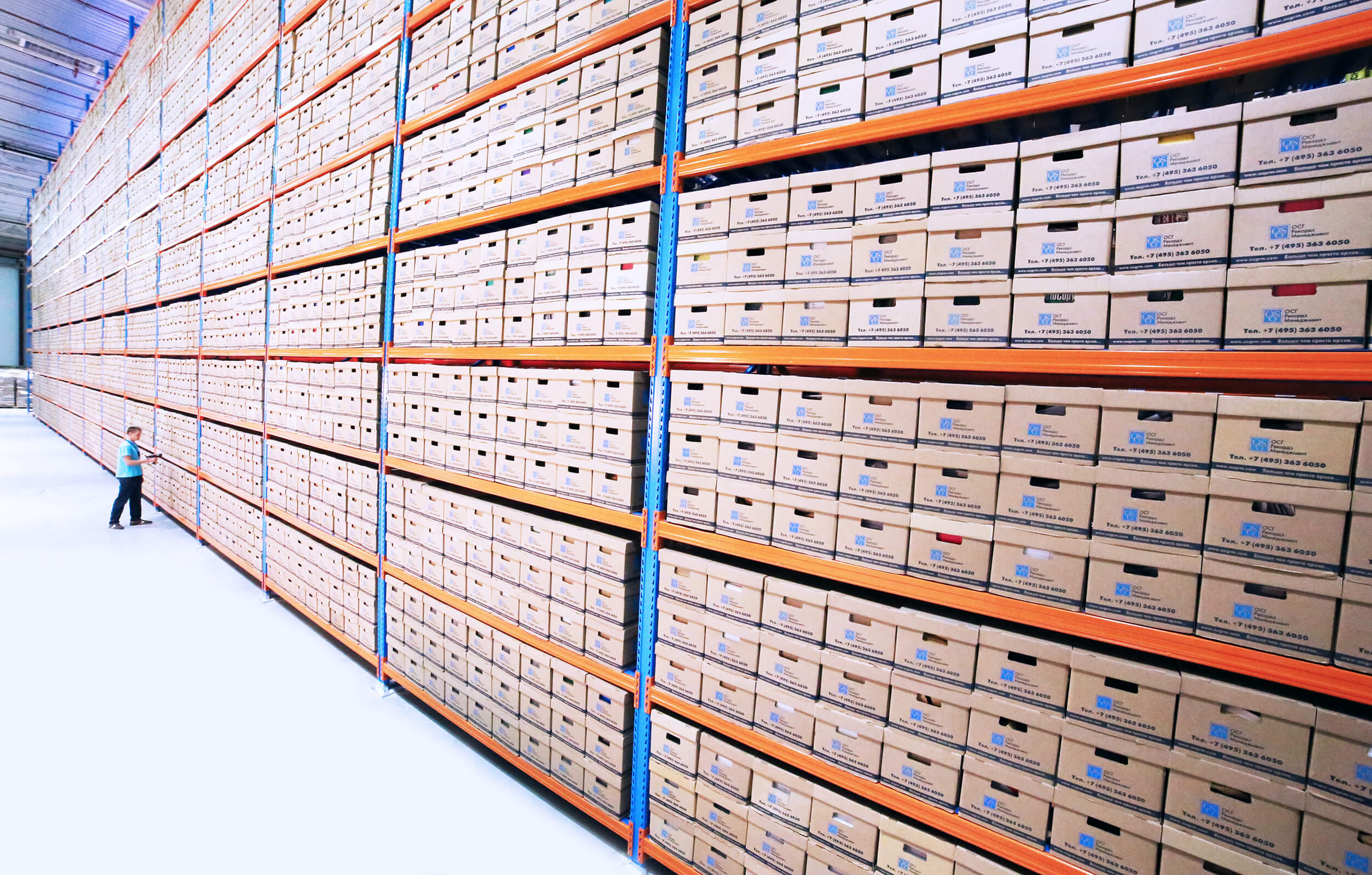 Boxes neatly filed in pallet racking shelves
