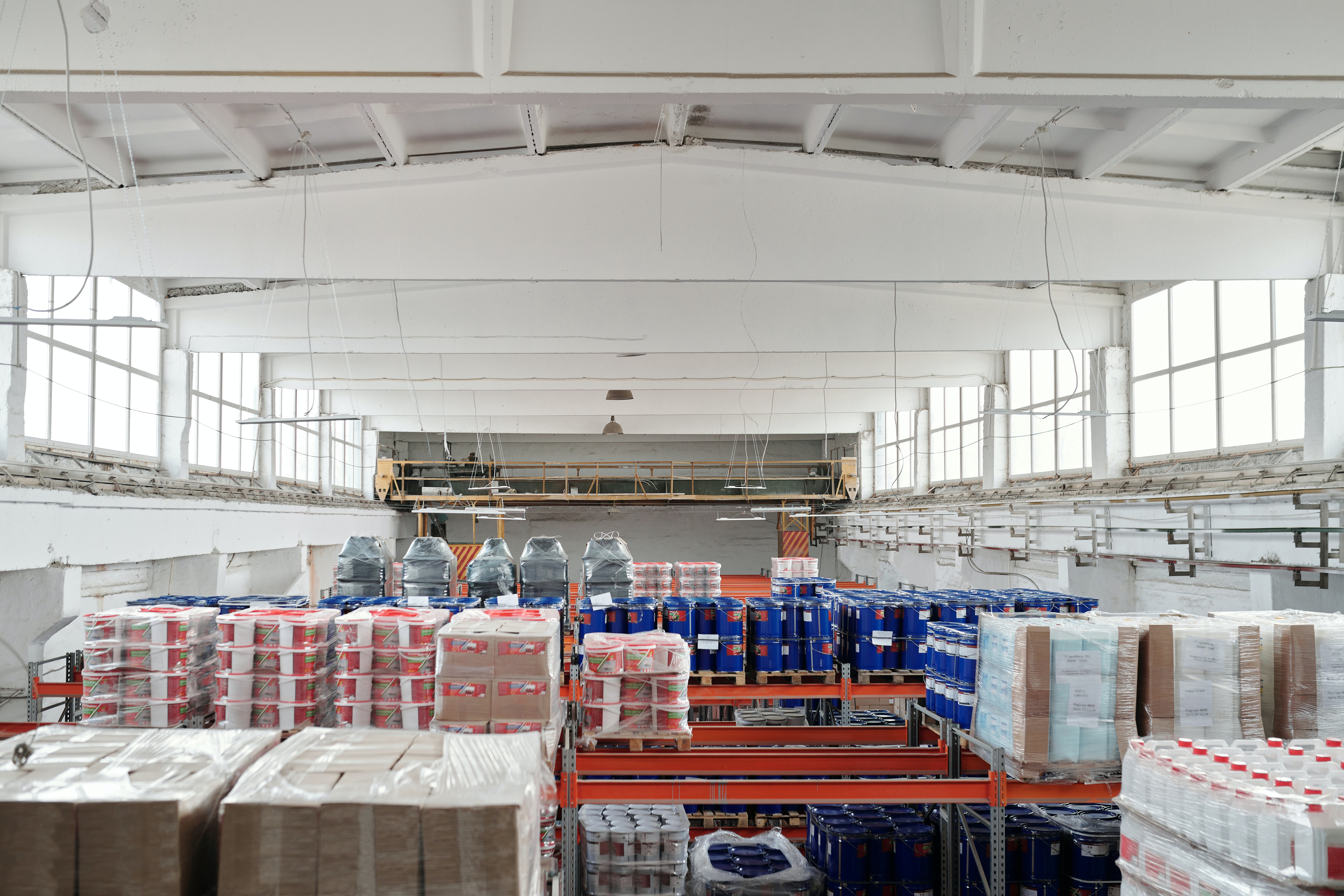 Products packed on pallets in warehouse